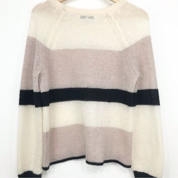 White + Warren Black Blush Cream 100% Cashmere Lightweight Striped Sweater - Picture 8 of 14